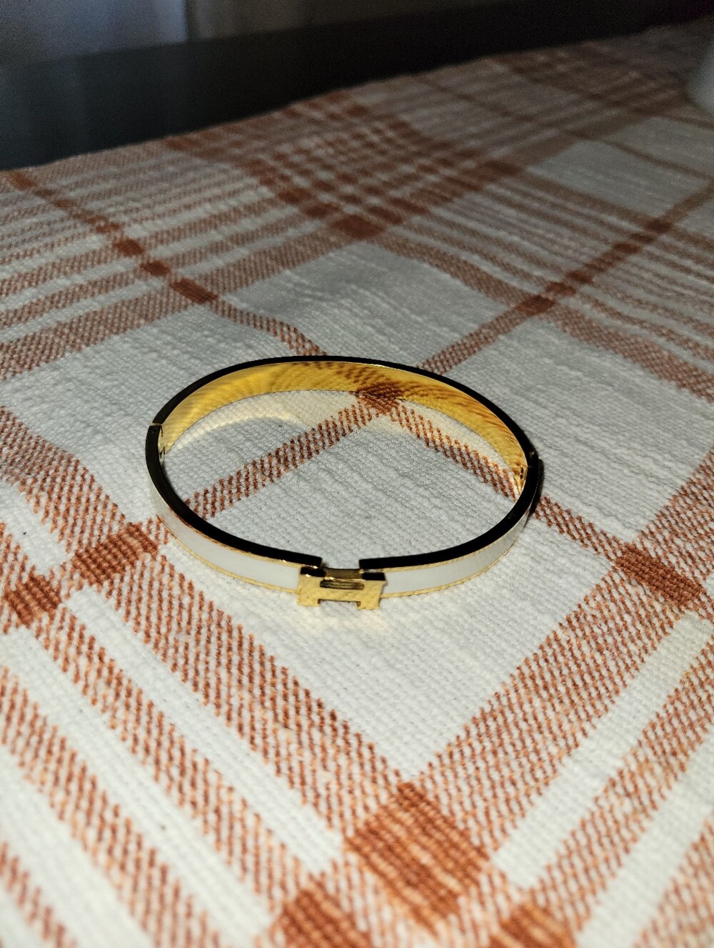 Women’s White and Gold Hinged Bracelet - H Bangle Bracelet